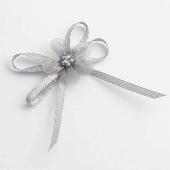 Silver Self-Adhesive Satin Bow With Diamante Flower - 12 Pack
