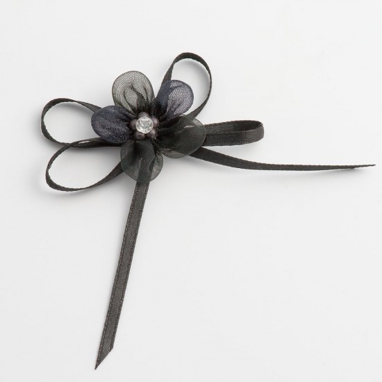 Black Self-Adhesive Satin Bow With Diamante Flower - 12 Pack