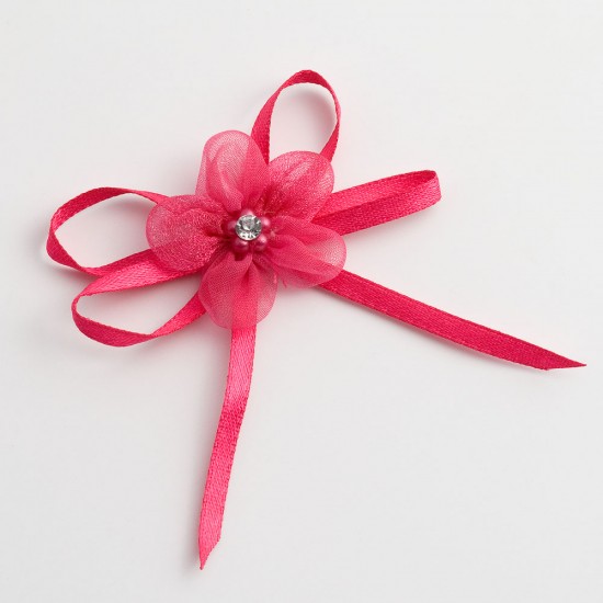 Fuchsia Self-Adhesive Satin Bow With Diamante Flower - 12 Pack