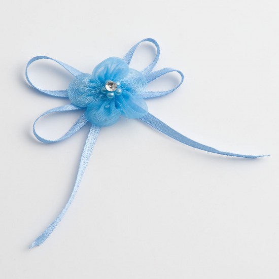 Blue Self-Adhesive Satin Bow With Diamante Flower - 12 Pack