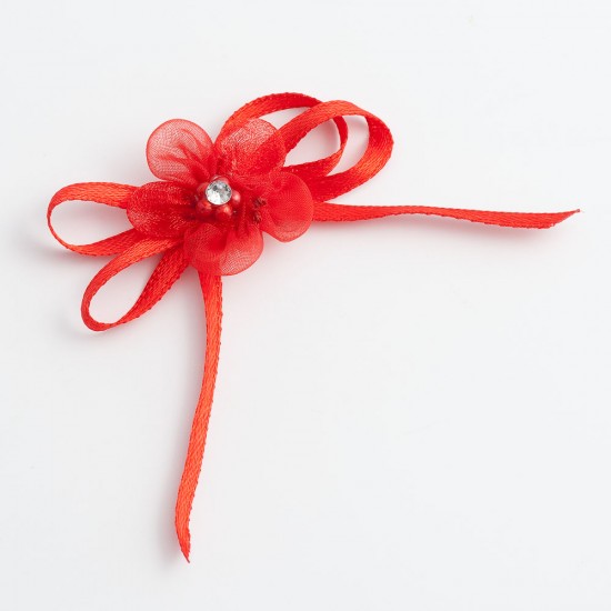 Red Self-Adhesive Satin Bow With Diamante Flower - 12 Pack