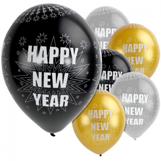 Happy New Year Sparkling Silver & Black Balloons - 11 Latex