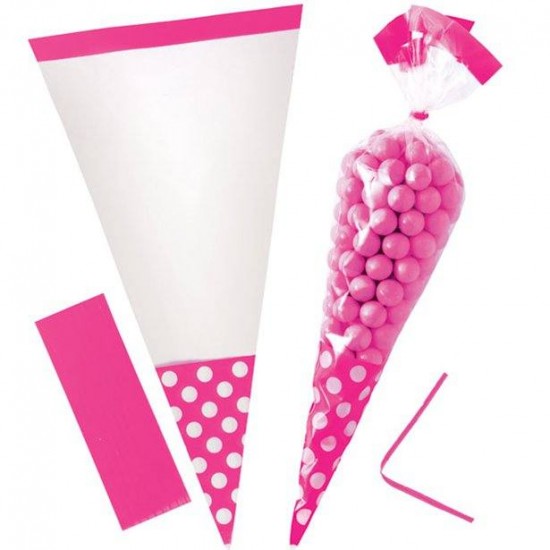 Bright Pink Polka Dot Cello Sweet Cones - 24cm