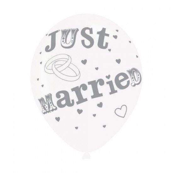 Just Married White/Silver Latex Balloons (6pk)