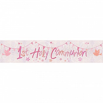 First Holy Communion Pink Holographic Foil Banner - 2.7m