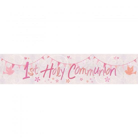 First Holy Communion Pink Holographic Foil Banner - 2.7m