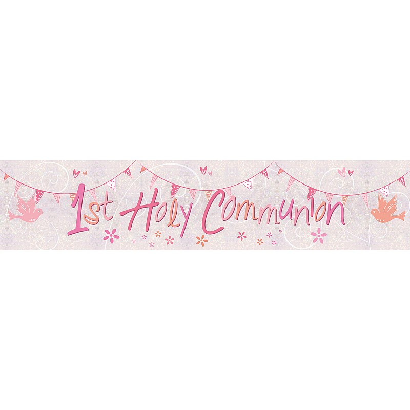 First Holy Communion Pink Holographic Foil Banner - 2.7m First Holy Communion Pink Holographic Foil Banner - 2.7m