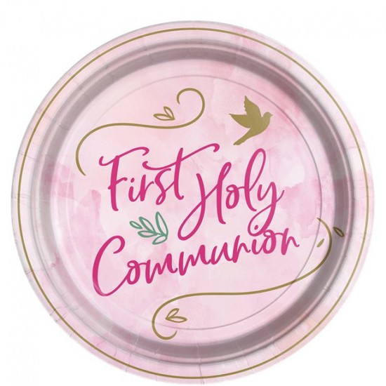 Pink First Holy Communion Paper Plates - 23cm (8pk)