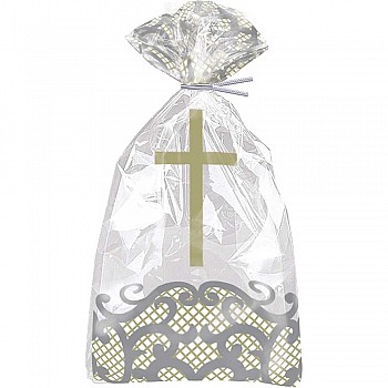 Silver with Gold Cross Plastic Cello Bags and twist ties (20ct)