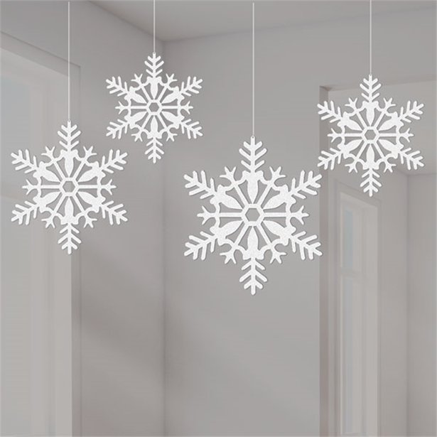 White Glitter Snowflake Hanging Decorations - 10cm White Glitter Snowflake Hanging Decorations - 10cm