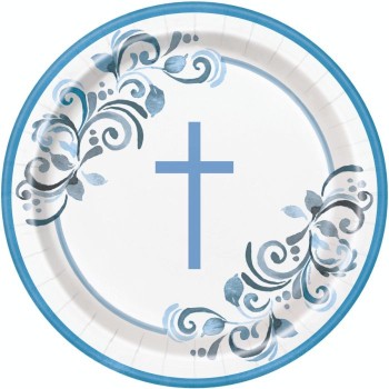 Blue Holy Cross Paper Plates - 22cm (8pk)