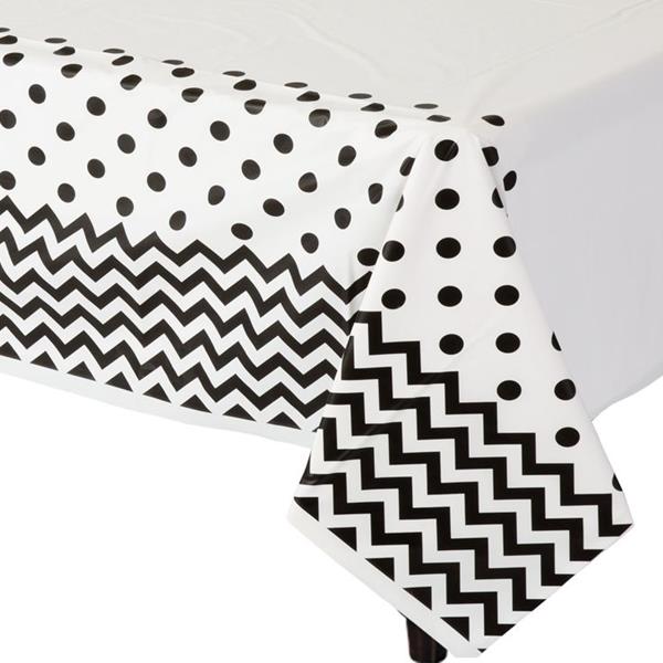 Black Polka Dot & Chevron Plastic Tablecover - 1.4m x 2.6m