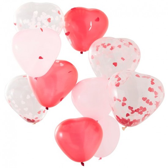 Heart Shaped Pink, Red & Confetti Latex Balloons